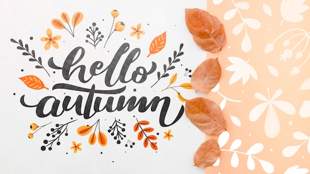 Hello autumn lettering next to brown leaves pattern