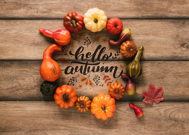 PSD hello autumn mock-up surrounded by natural decor