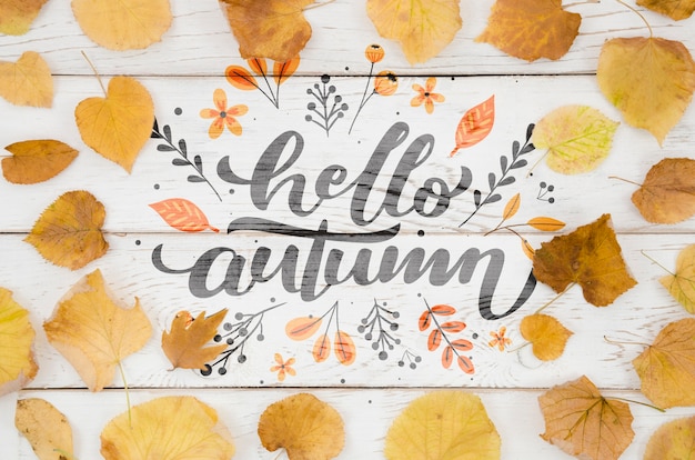 hello autumn quote surrounded by yellow leaves