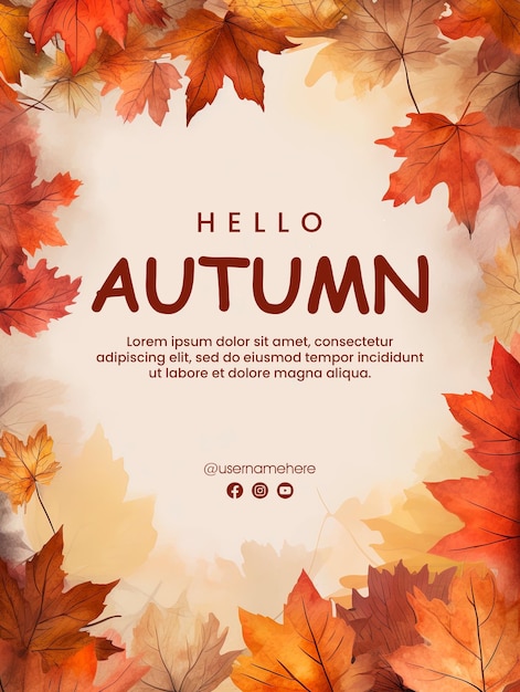 PSD hello autumn social media post poster with falling leaves background