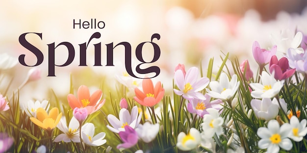 PSD hello lente banner sjabloon met website banner met mooie lente bloemen