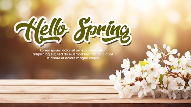 PSD Привет весенний шаблон баннера весенний фон с белыми цветами и солнечным светом перед деревянным