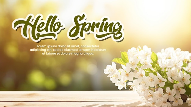 Hello spring banner template sfondio primaverile con fiori bianchi e luce solare di fronte a legno