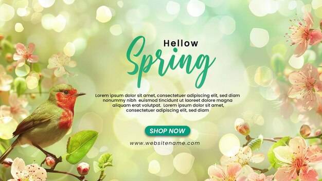 Hello spring banner modello con uccello e fiori