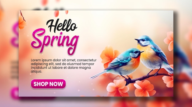 PSD hello spring banner template with flowers