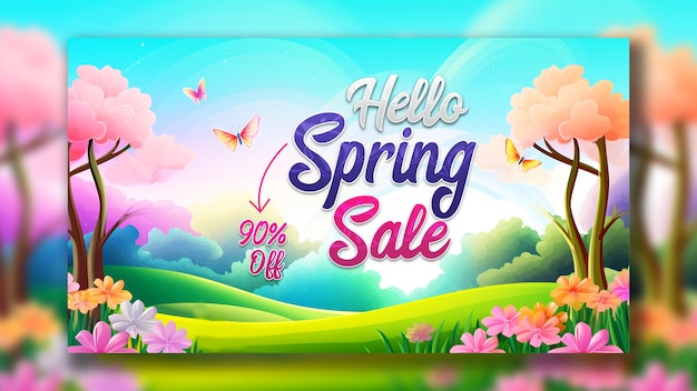 PSD hello spring banner template with flowers