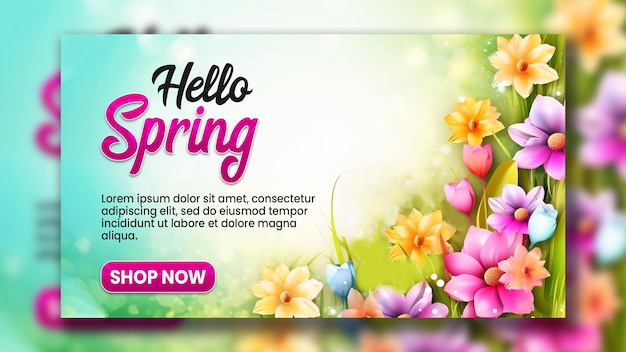 PSD hello spring banner template with flowers