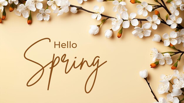 PSD hello spring banner template with spring border background with white flowers flat lay