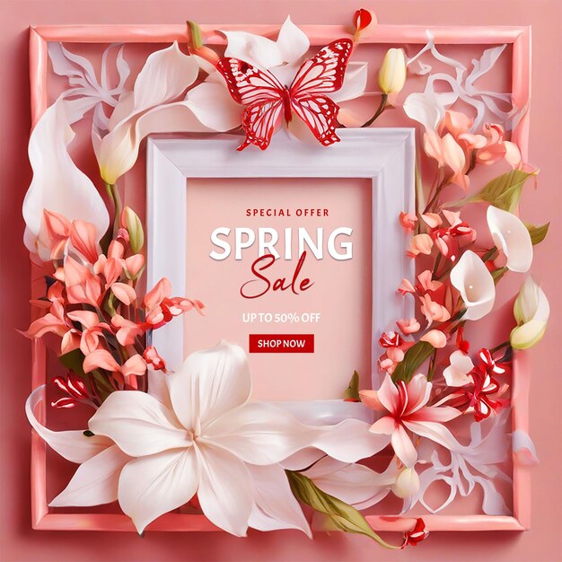 Hello spring banner template with square frame with anise magnolia flowers and calla lily