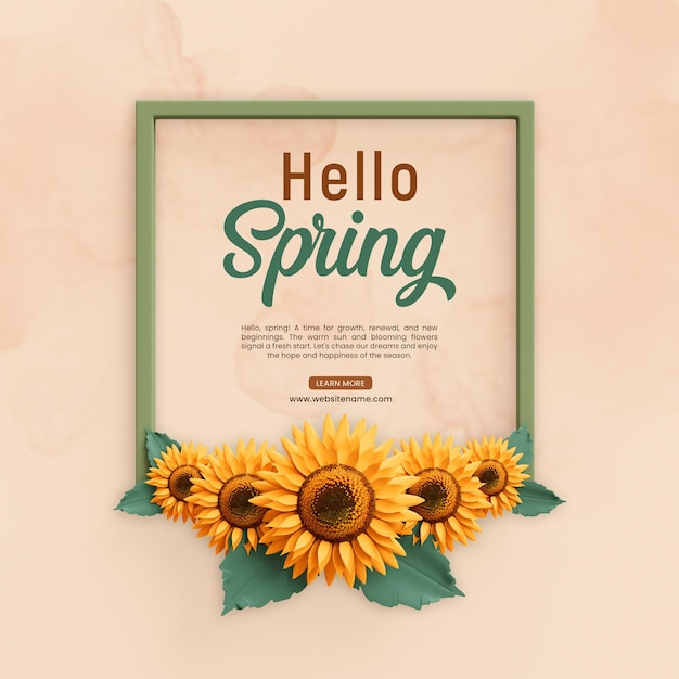 PSD hello spring floral design 3d social post template