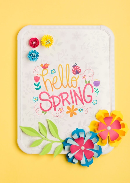 Hello spring frame with flowers concept