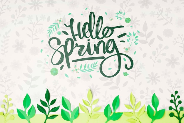 Ciao primavera lettering concetto di fondo