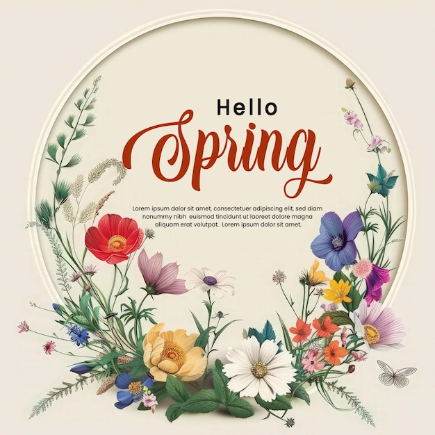 Hello spring lettering with floral frame template