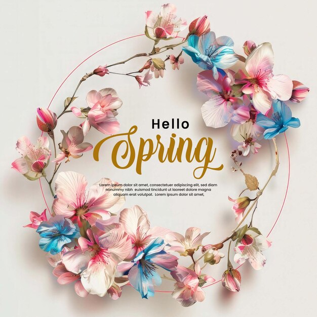 フラワーフレームのテンプレートでHello springの文字が描かれています