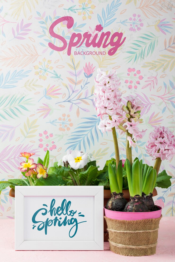 PSD hello spring mockup with flowers