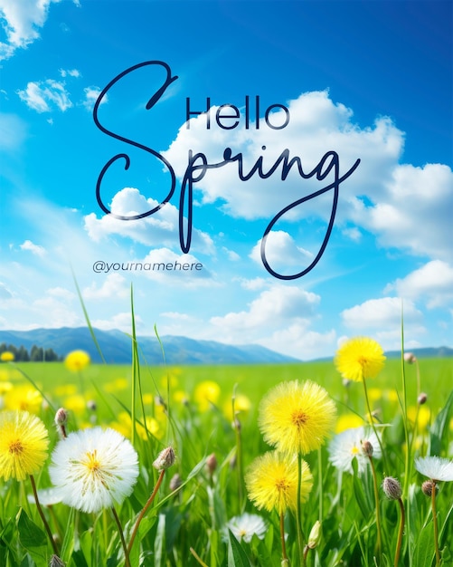 Привет весенний плакат с красивым лугом с свежей травой и желтыми цветами одуванчика