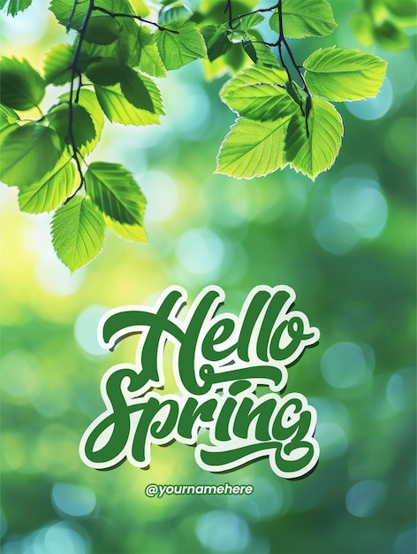 PSD hello spring poster template with spring background green tree leaves on blurred background