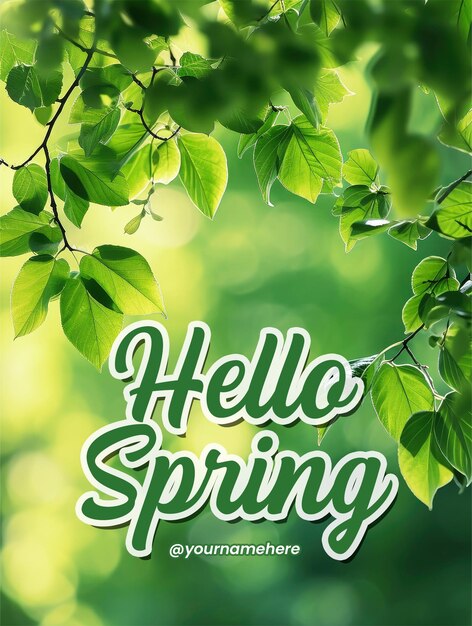 PSD hello spring poster template with spring background green tree leaves on blurred background