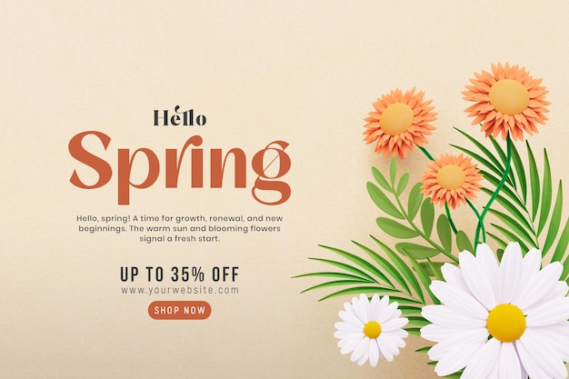 PSD hello spring sale banner with flowers and leaves