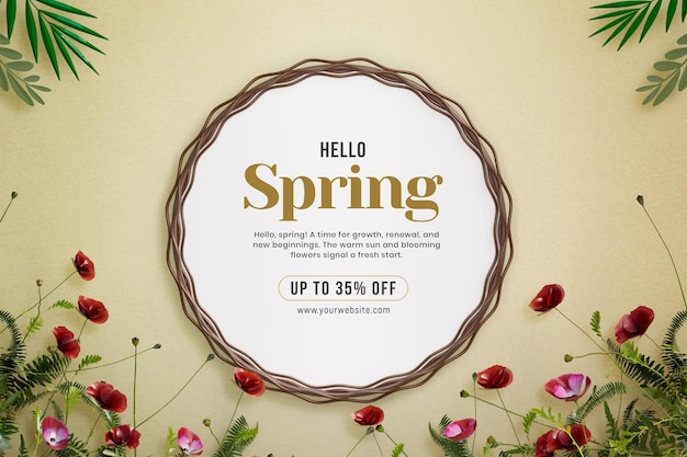 PSD hello spring sale banner with flowers and leaves