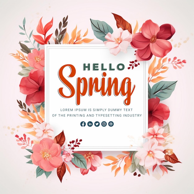 Hello spring season with a frame of flower and leaves