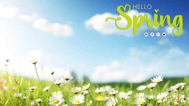 PSD hello spring tło z wizytówką mediów społecznościowych i kwiatem