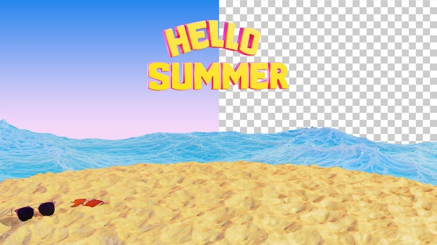 PSD hello summer 3d баннер летние пляжные солнцезащитные очки и океан путешествия, отдых и пляжный отдых