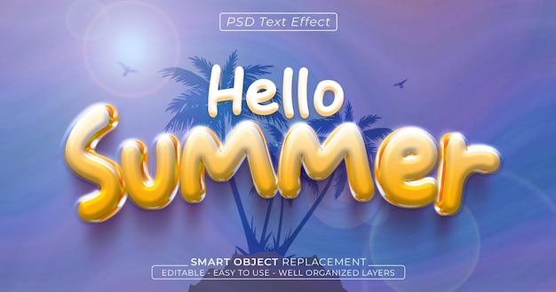 PSD hello summer background with text glossy editable 3d style text effect
