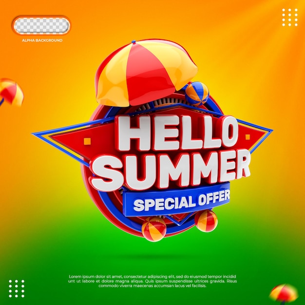 Hello Summer Banner 3D Render Isolated 