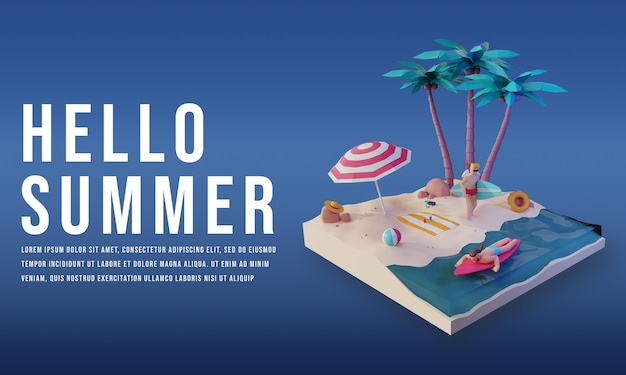 Шаблон баннера hello summer с 3d-рендером premium psd