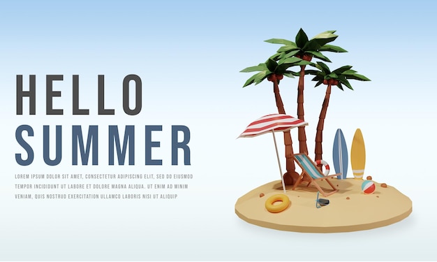 PSD hello summer banner template with 3d render character premium psd