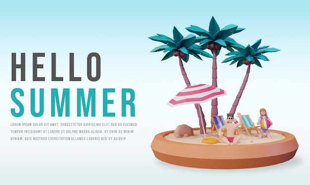 こんにちは夏のバナーテンプレートと3Dレンダリング文字