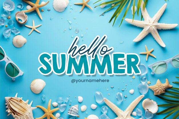 Modello di banner hello summer con sfondo blu con simboli di vacanze in spiaggia