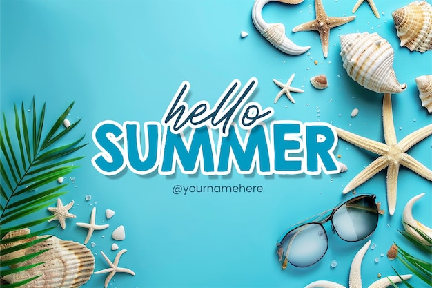 PSD modello di banner hello summer con sfondo blu con simboli di vacanze in spiaggia