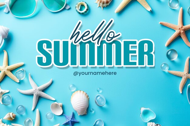 PSD hello summer banner template with blue background with beach vacation symbols