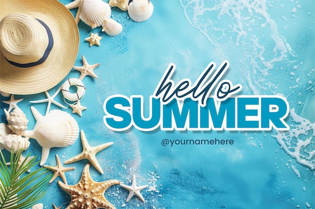 PSD modello di banner hello summer con sfondo blu con simboli di vacanze in spiaggia