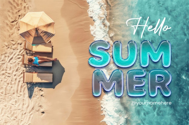 PSD hello summer banner template with photo relaxing aerial beach scene summer vacation holiday template