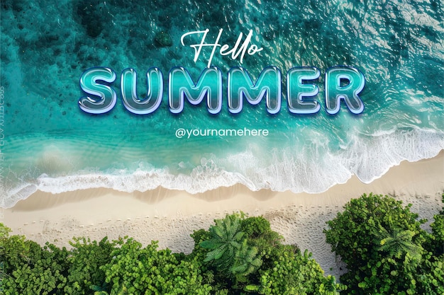 PSD hello summer banner template with photo relaxing aerial beach scene summer vacation holiday template