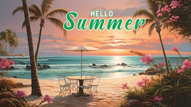 Hello summer beach scene with chairs and umbrella for banner or poster background