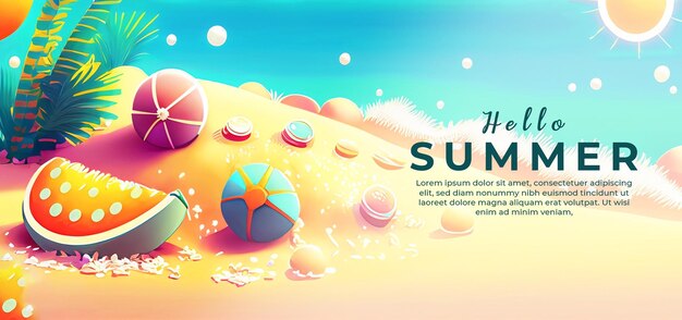 Hello summer cartoon style illustration banner design psd