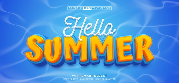 PSD hello summer editable text 3d style effect on blue water background