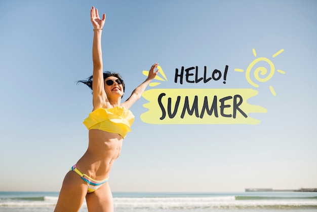 PSD hello summer  jumping girl mockup