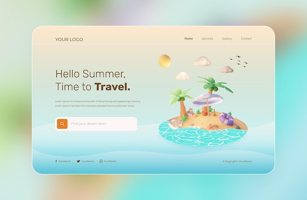 Hello summer landing page template with coconut tree and umbrella