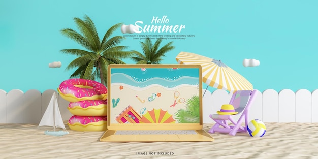 Hello summer laptop mockup and traveler accessories rendering