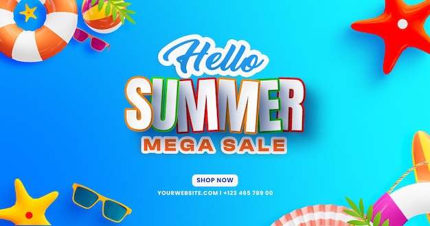 Hello Summer Mega Sale Facebook Post Banner szablon z kolorowymi elementami plaży