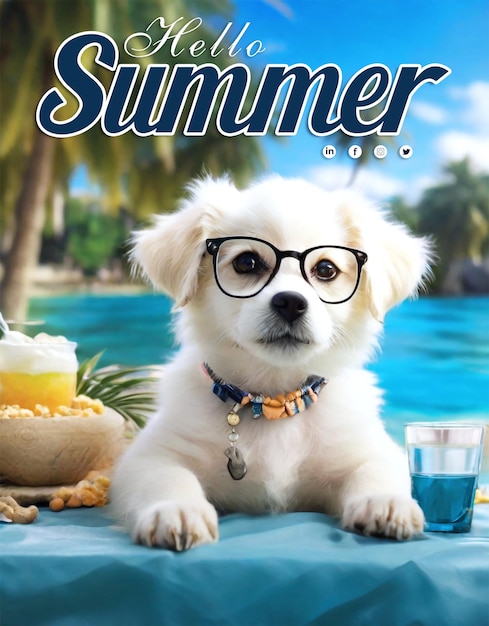 PSD hello summer party poster with a cute dog wearing beautiful sunglasses