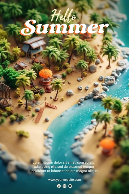 PSD hello summer poster template miniatuur een klein eiland met palmbomen