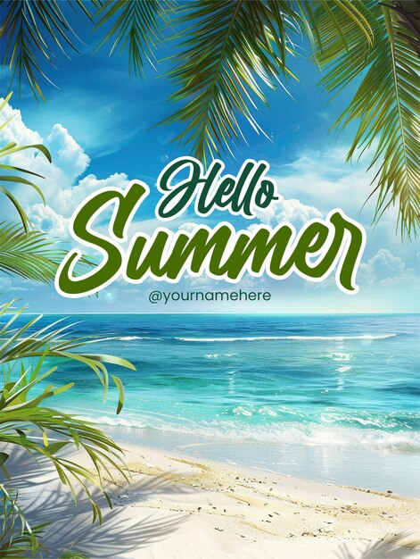 PSD hello summer poster template with a beach scene