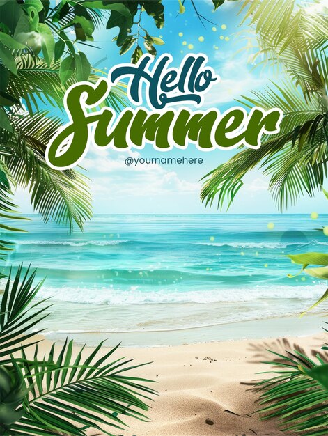 PSD hello summer poster template with a beach scene