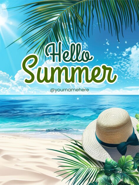 Hello summer poster template with a beach scene